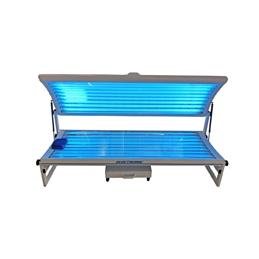 Elite Electronic Double 18-tube lie-down sunbed open with the tanning tubes lit