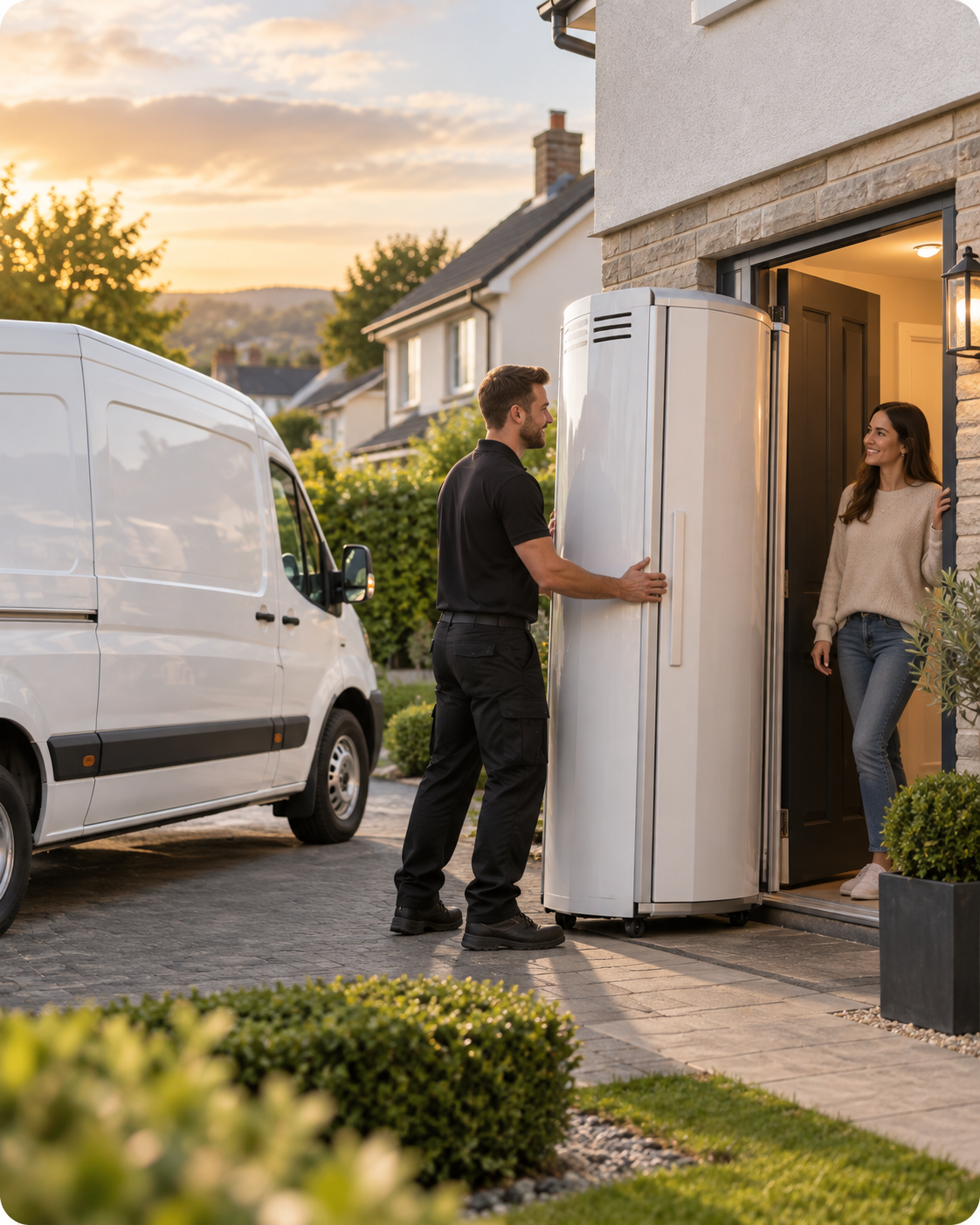 Tansun delivery team arriving at an Irish home with a sunbed