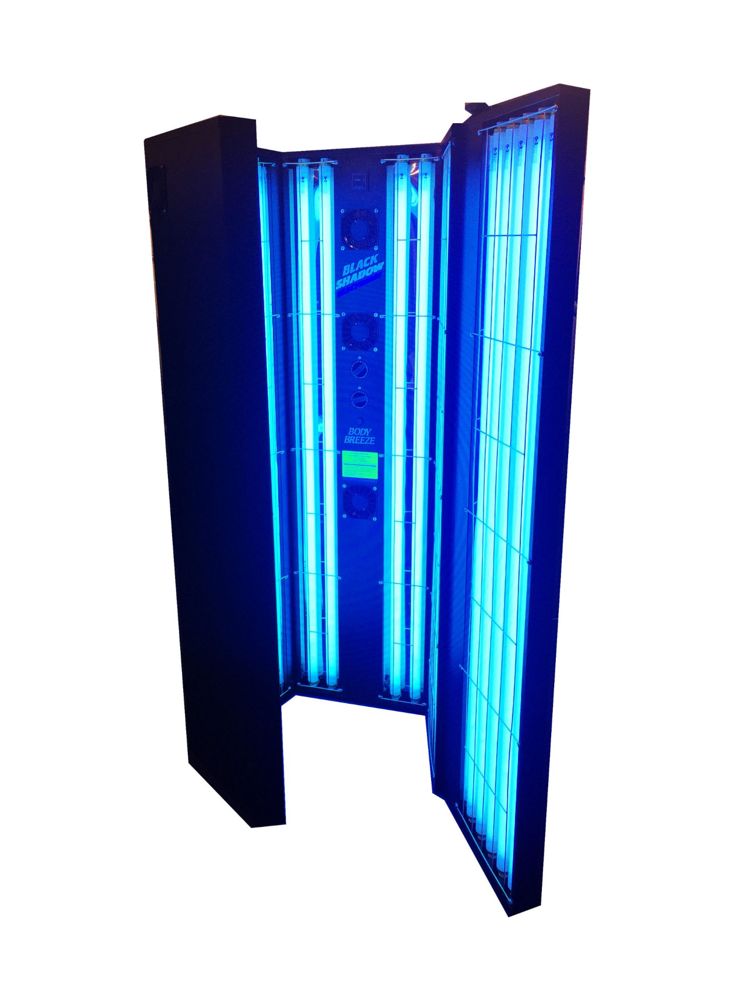 Black Shadow Electronic vertical sunbed open with the tanning tubes lit