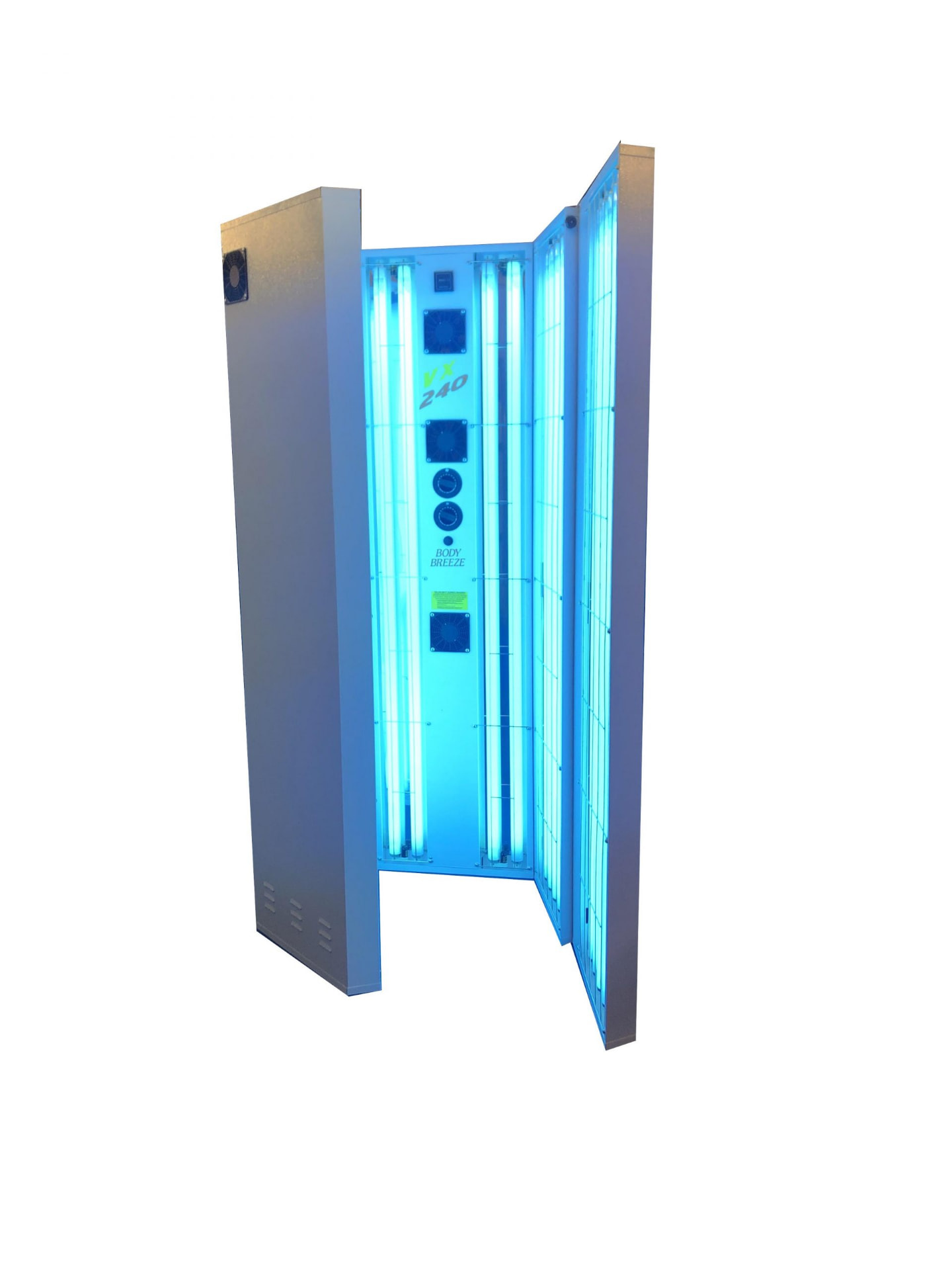 VX240 Electronic White vertical sunbed open with the tanning tubes lit
