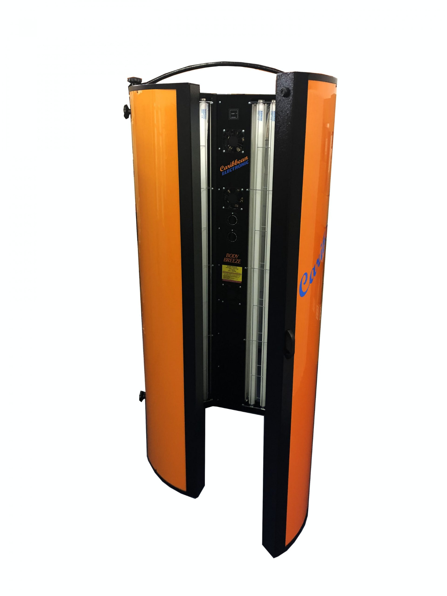 Caribbean 26T vertical stand-up sunbed in Sunrise Orange with the door open