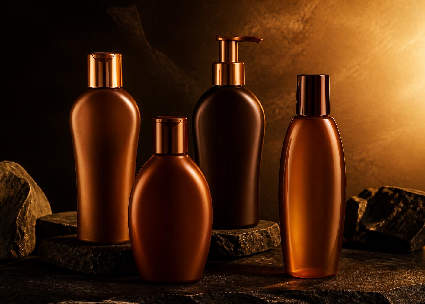 Tanning lotion bottles lit with warm golden light